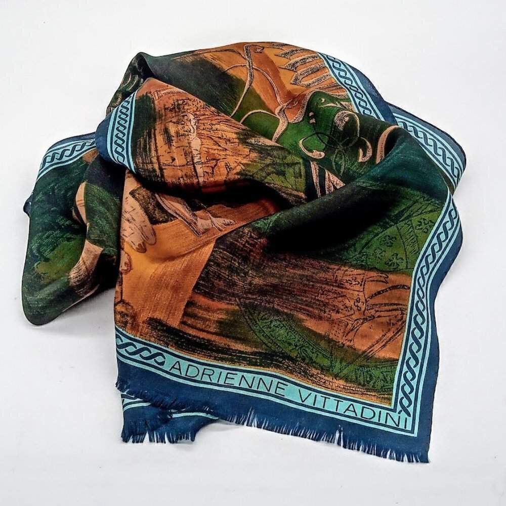 Vintage Adrienne Vittadini Equestrian Print Silk Fringed Oblong Scarf